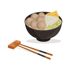 Indonesian national food. Baxo. Meatballs from any meat or seafood, with broth, noodles and vegetables. Vector graphic.	