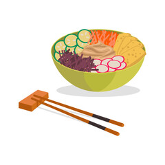 Indonesian national food. Gado gado. Cooked or fresh vegetables salad with peanut sauce.  Vector graphic.	