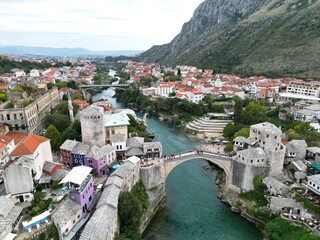 Fototapeta na wymiar Mostar old bridge Bosnia and Herzegovina drone aerial view summer high angle..