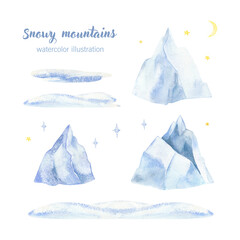 A set of snowy mountains. Watercolor illustration. A hand-drawn snow hill element. Collection of the Rocky Mountains. Blue high-altitude landscape isolated on a white background