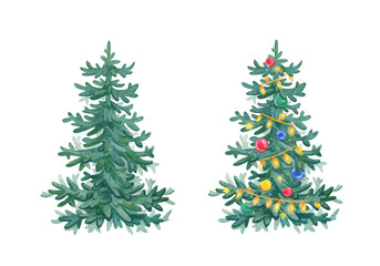 Watercolor decorated Christmas tree illustration. Holiday greeting card