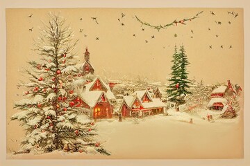 Vintage Merry Christmas postcard with a winter landscape, snowy background, people enjoying, celebrating holiday. christmas tree, toys and decorations. Ilusstration for advertising.