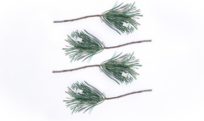 Pine twigs on a white background.  Winter ornament. Wallpaper.