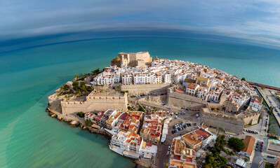 Aerial view in Pe&ntilde;iscola, coastal village of Castellon. Valencia Community,Spain