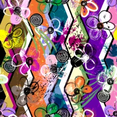 Foto auf Acrylglas seamless floral background pattern, with colorful flowers, zigzag lines, paint strokes and splashes © Kirsten Hinte