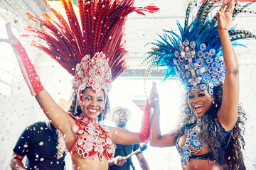 Brazil, samba dancing and carnival event dance for rio de janeiro concert, music festival or Brazilian culture party portrait. Celebration performance, dancer costume and happy salsa for new year - obrazy, fototapety, plakaty