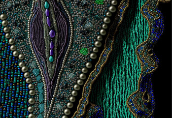 Beadwork close up of beads, embellished and beaded textile pattern, sequins, bugle beads, tambour beaded textures, beautiful craft in green, teal, purple, illustration, digital, needle, craft, 