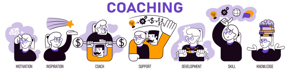Coaching. Vector illustration. Set of business icons of coaching approach. Planning, management and strategy for company growth