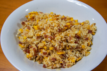 A delicious Chinese home cooking dish, sausage and egg fried rice