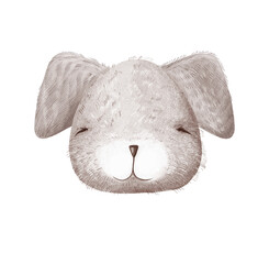 Portrait or muzzle of a cute plush fluffy baby dog or puppy of beige color. Cartoon child character head. Digital illustration in the watercolor style. Greeting card.