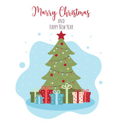 Fototapeta premium Christmas card with Christmas tree and gifts. Cute illustration in flat style
