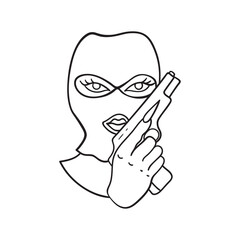 Isolated vector illustration of woman in a balaclava with a gun. Cute thin line icon for design, cover etc.