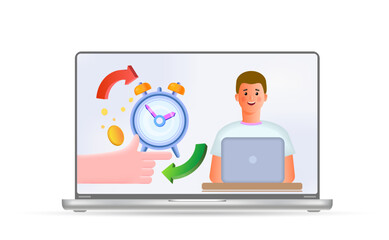 A young man is working on a laptop computer. Creative business ideas,
 economic task planning, business development strategy.
3d vector illustration. Cartoon style.