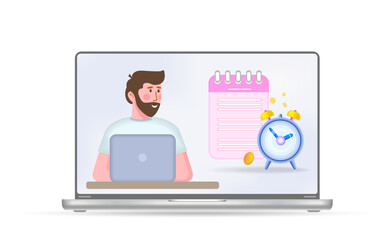 A young man is working on a laptop computer. Creative business ideas,
 economic task planning, business development strategy.
3d vector illustration. Cartoon style.