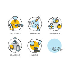 Dental Concept Thin Line Icons Labels Set. Vector