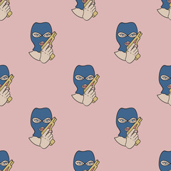 Woman in a balaclava with a gun vector seamless pattern. Cute repeat background for textile, design, fabric, cover etc.
