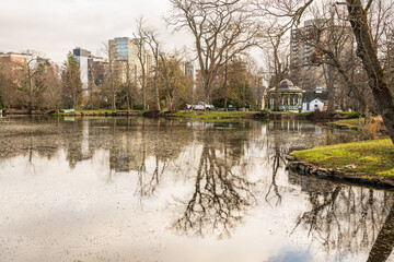 The bandstand and a duck pond  in the historic Halifax Public Gardens (Nova Scotia, Canada).  Shot in December - obrazy, fototapety, plakaty
