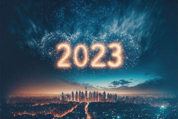 Happy New Year 2023. Beautiful creative holiday background with fireworks and Sparkling font 2023 over city