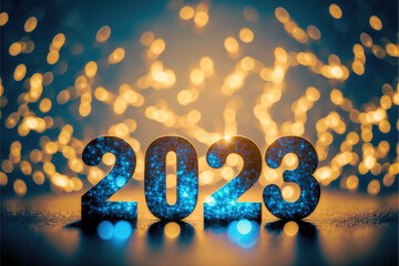 Happy New Year 2023, Golden numbers 2023 on wonderful defocused lights in a yellow blue contras - obrazy, fototapety, plakaty