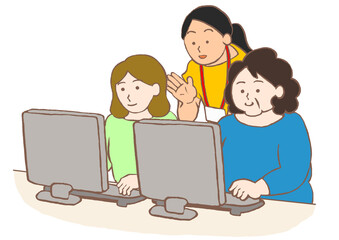 就労移行支援事業所でパソコン操作を習う精神障害者のイラスト