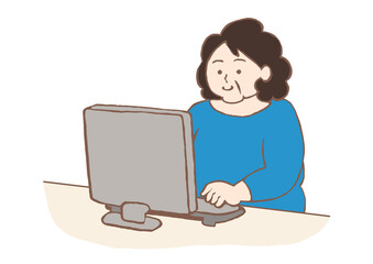 デスクトップパソコンを操作する中年女性のイラスト