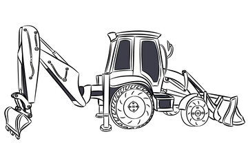 Black and white image of a tractor with a bucket and blade.