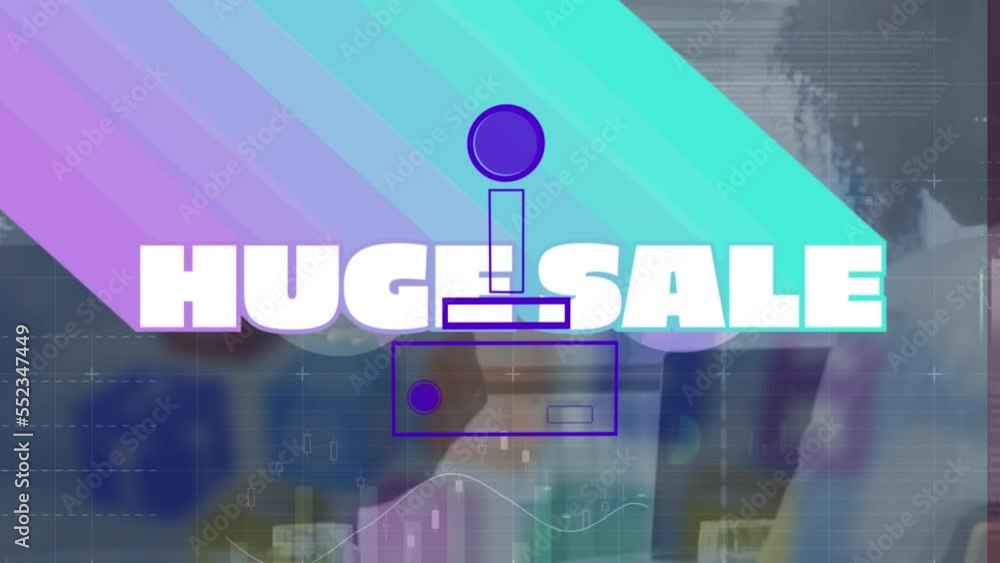 Aufkleber animation of huge sale text and gamepad icon with data processing over diverse business people