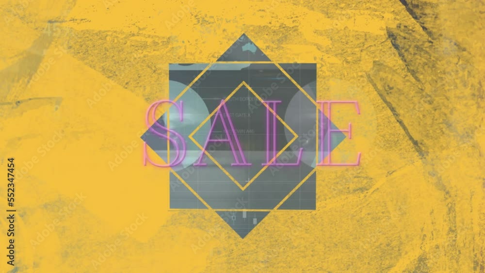 Aufkleber animation of sale text over data processing and shapes