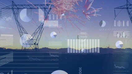 Animation of data processing and fireworks over electricity pylons and landscape - Powered by Adobe