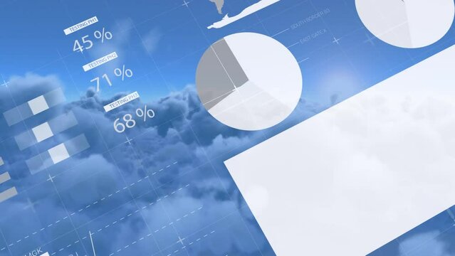 Animation of financial data processing over sky with clouds