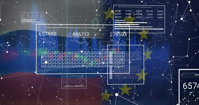 Animation of interface with data processing and network of connections against waving eu flag - Powered by Adobe