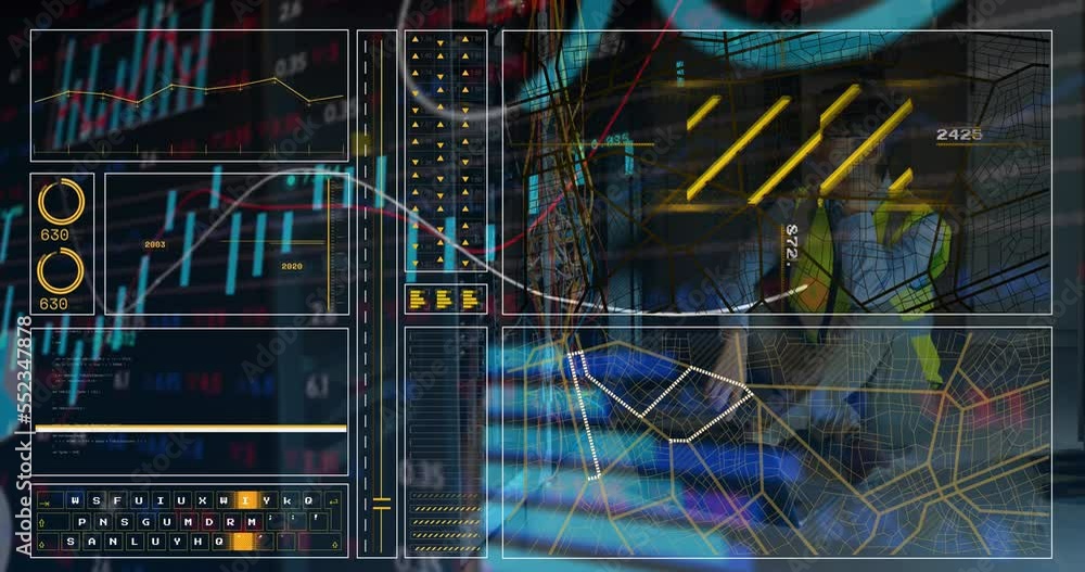 Poster animation of data processing over asian male engineer using laptop in computer server room