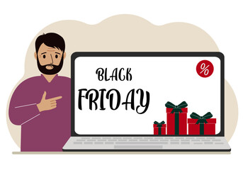 A man next to a large laptop, on his screen the text black friday and a lot of gift boxes.