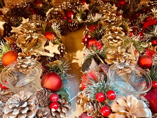 Christmas decorations. Christmas background, pine tree - vintage color tone, New year holidays greeting card.