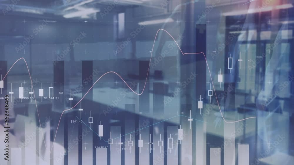 Poster animation of financial data processing over diverse basketball players and empty office
