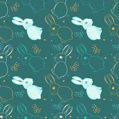 Seamless pattern with cute colorful bunnies and hearts on a green background. Hand drawn design elements for Easter or Chinese New Year 2023.
