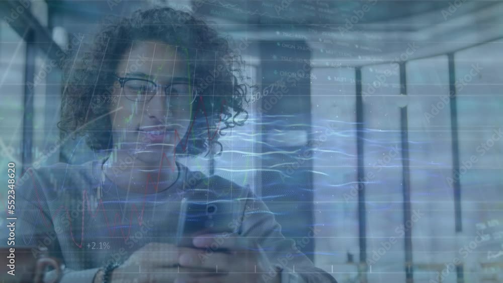 Poster animation of financial data processing over caucasian man using smartphone