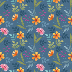 Cute colorful flowers on green color seamless pattern. Can be used for fabric textile wallpaper.