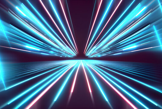 Speed motion on the neon glowing road at dark. Blue lights on the perspective road. Abstract colored light streaks acceleration. Perspective space gates image created with Generative AI technology.