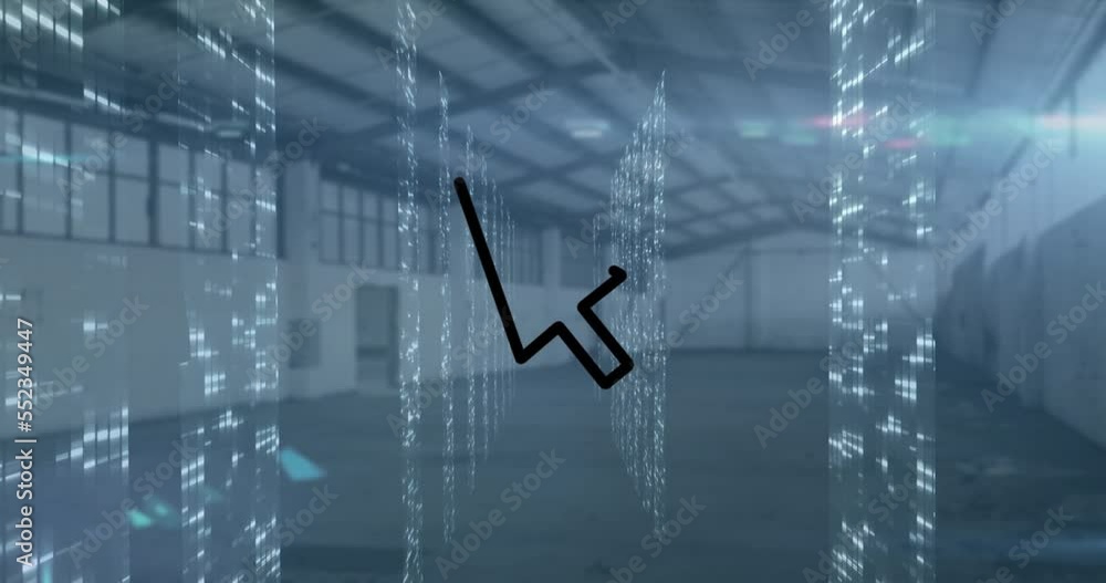 Poster animation of arrow cursor icon over multiple screens of mosaic squares against empty warehouse