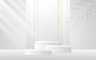 Multi-layered white podium with elegant gold lines and leaf shadows on the back for product presentation. Cosmetic product display. vector illustration
