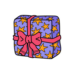 Cute doodle style Christmas gift box isolated on white. Holiday surprise present, wizard star wrapping with red ribbon bow, Birthday party celebration element. Hand drawn cartoon vector illustration.
