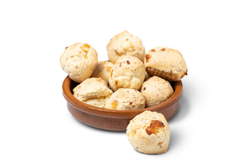 Chipa, typical Paraguayan cheese bread on bowl isolated on white background.