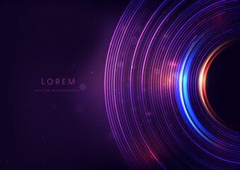 Abstract technology futuristic neon circle lines glowing blue and red light lines with speed motion blur effect on dark purple background.