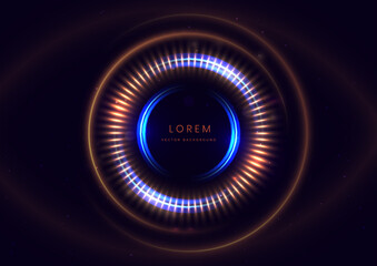 Abstract golden light effect and blue circles glowing with lighting effect sparkle on black background.