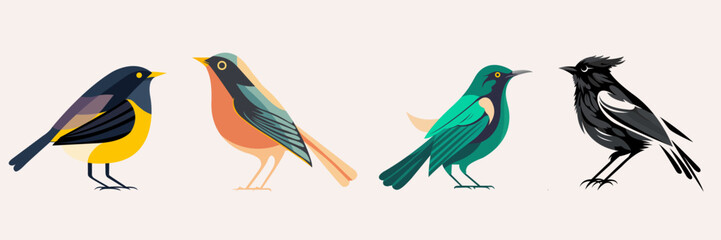 Birds set cartoon colorful design elements for wedding, Christmas, vector illustration.