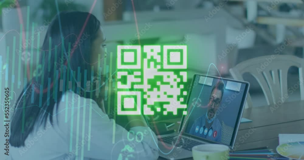 Aufkleber animation of qr code and data processing over biracial businesswoman having video call