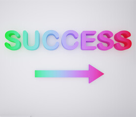 Multicolored extruded text of word "success" with right arrow. Professional growth, possibilities, challenges and personal development concept. 3d rendering.