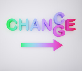 Multicolored extruded text of a word understood as twofold "change" and "chance" with right arrow. Professional growth, possibilities and personal development concept. 3d rendering.
