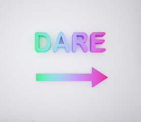 Beautiful fading colors extruded text of word "dare" with right arrow. Professional growth, discover, challenges, no comfort zone and personal development concept. 3d rendering.



